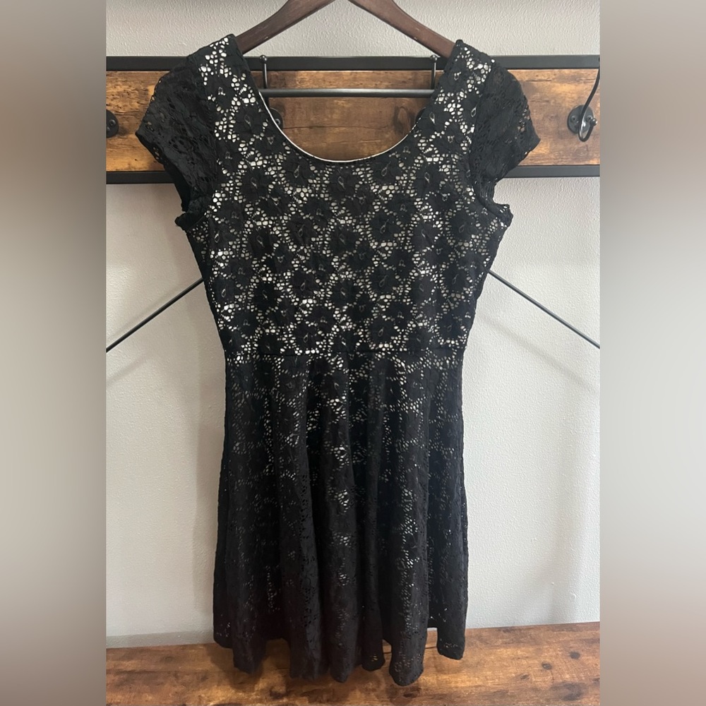 Venus Black Lace Overlay White Above Knee Cocktail Dress